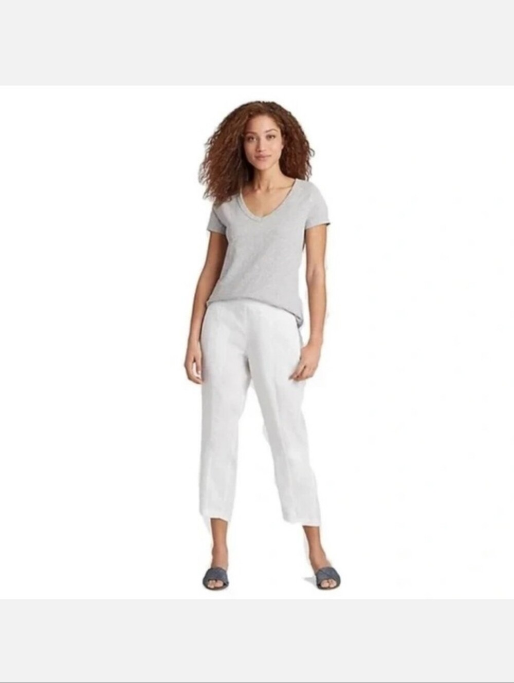 Women’s White Linen Cropped Straight-Leg Pants With Pockets Elastic Waist